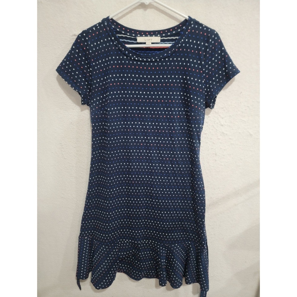 LOFT Dress Womens Small S Navy Blue Polka Dot‎ Knit Fit & Flare Ruffle Hem